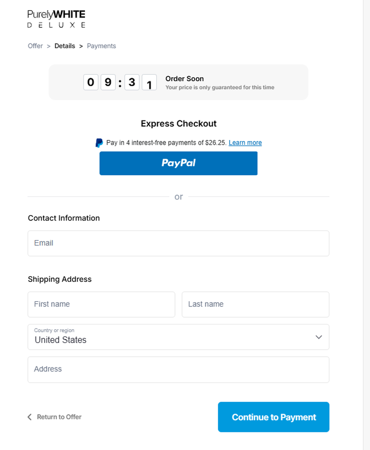 Purely White Deluxe checkout page screenshot